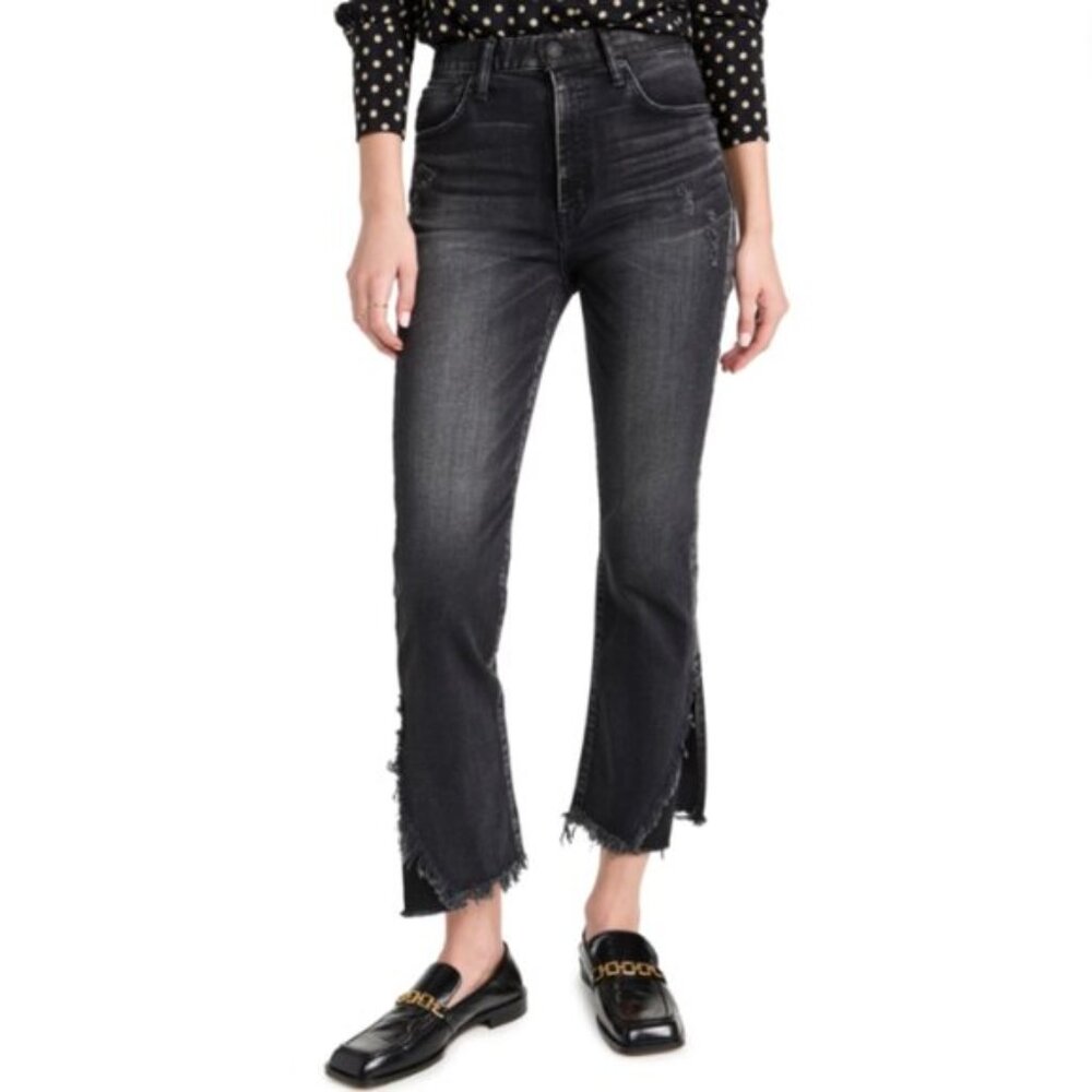 Moussy Jeans Black Alhambra Flare Distressed High Rise Faded Leather Size 30